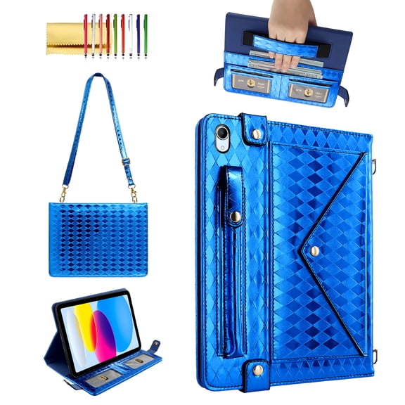 Allytechgroup Handbag Case for iPad (A16)11th /10th Generation 11/10.9 Inch 2025/2022, Stand PU Leather Multi-Card Slots Envelope Pocket Wallet Cover with Shoulder Strap for Women Men, Blue