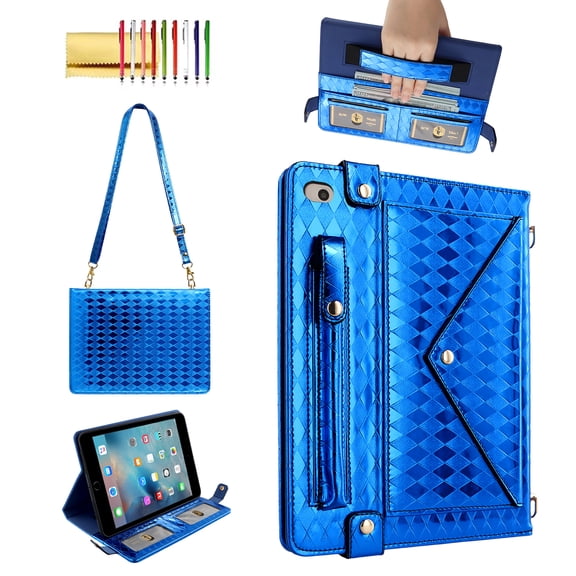 Allytechgroup Handbag Case for iPad Mini 5/4/3/2/1 7.9 Inch, Stand PU Leather Multi-Card Slots Envelope Pocket Wallet Cover with Shoulder Strap for Women Men, Blue