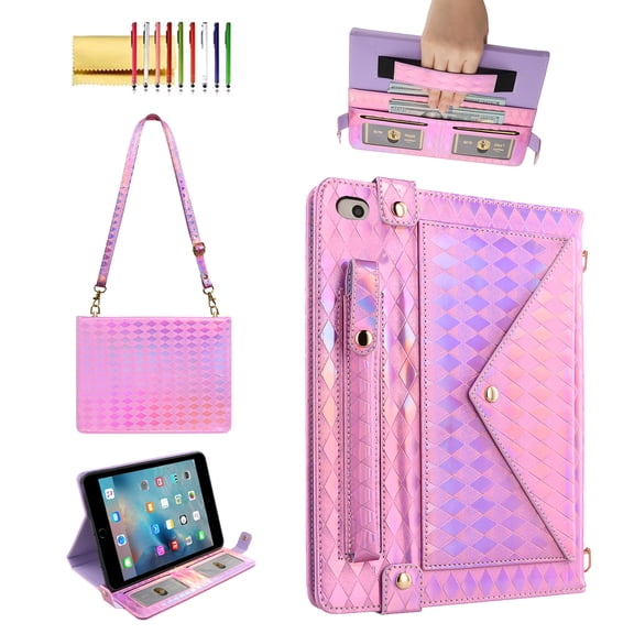 Allytechgroup Handbag Case for iPad Mini 5/4/3/2/1 7.9 Inch,  Stand PU Leather Multi-Card Slots Envelope Pocket Wallet Cover with Shoulder Strap for Women Men, Pink