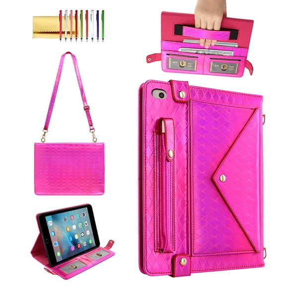 Allytechgroup Handbag Case for iPad Mini 5/4/3/2/1 7.9 Inch,  Stand PU Leather Multi-Card Slots Envelope Pocket Wallet Cover with Shoulder Strap for Women Men, Rose
