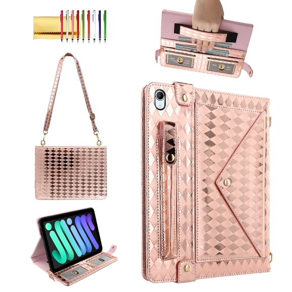 Allytechgroup Handbag Case for iPad mini 7 (A17 Pro) 2024/ Mini 6 8.3", Stand PU Leather Multi-Card Slots Envelope Pocket Wallet Cover with Shoulder Strap for Women Men, Rosegold