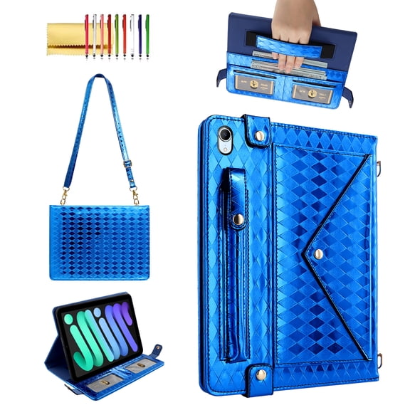 Allytechgroup Handbag Case for iPad mini 7 (A17 Pro) 2024/ Mini 6 8.3", Stand PU Leather Multi-Card Slots Envelope Pocket Wallet Cover with Shoulder Strap for Women Men, Blue