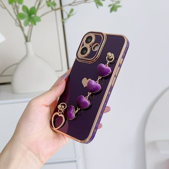 Allytechgroup Heart Charm Case for Apple iPhone 16 Pro Max, iPhone 16 Pro Max Cover, Stylish and Fun Protection with Unique Heart Keychain Shockproof Anti-Scratch Case for Girls Women,Darkpurple