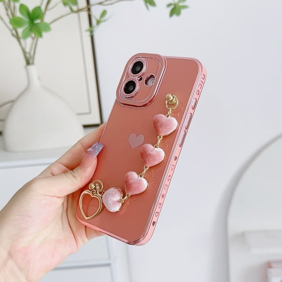 Allytechgroup Heart Charm Case for Apple iPhone 16 Pro, iPhone 16 Pro Cover, Stylish and Fun Protection with Unique Heart Keychain Shockproof Anti-Scratch Case for Girls Women,Pink