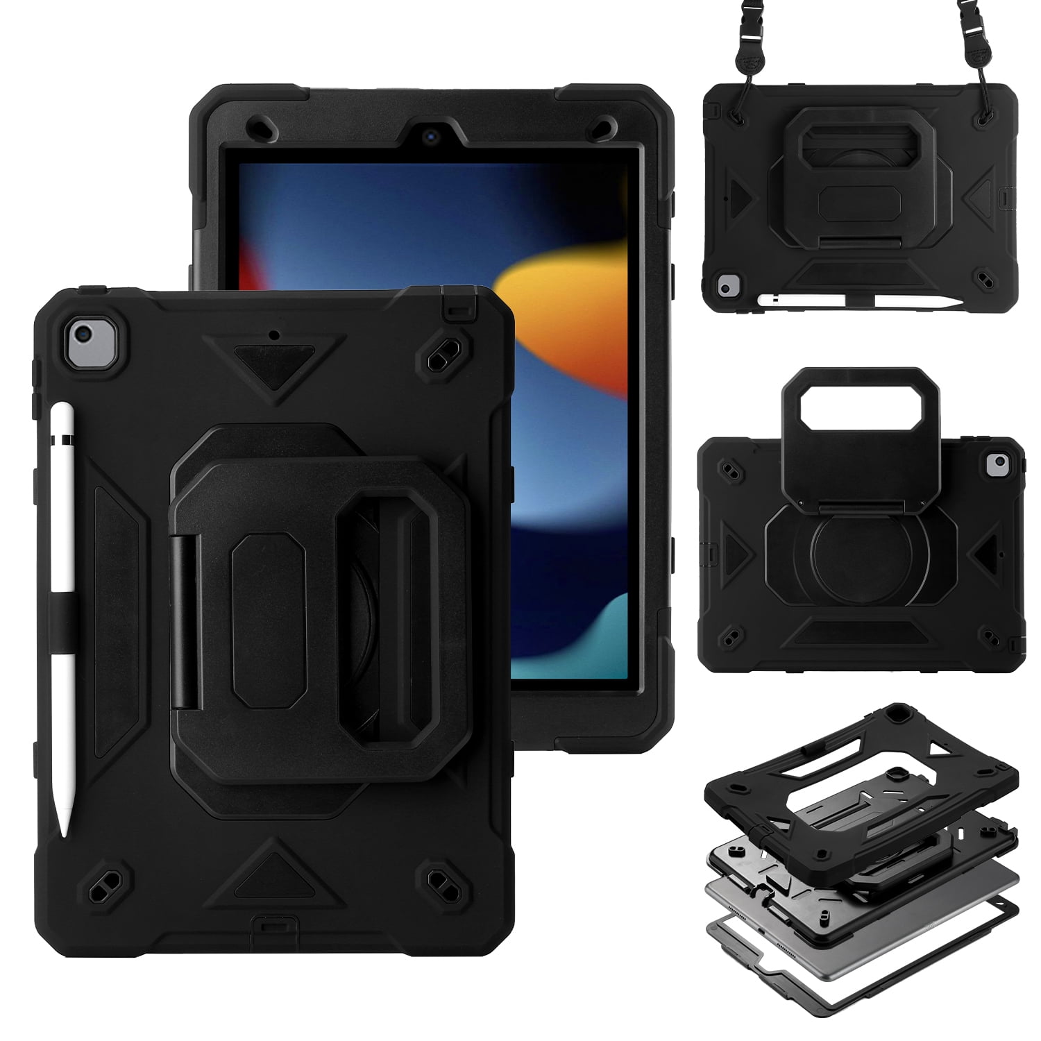 Allytechgroup Heavy Duty Shockproof Case Cover for Apple iPad 9th 8th 7th Generation, Ultimate Protection with Handle Stand, Shoulder Strap, and Pencil Holder Kids Friendly, Black