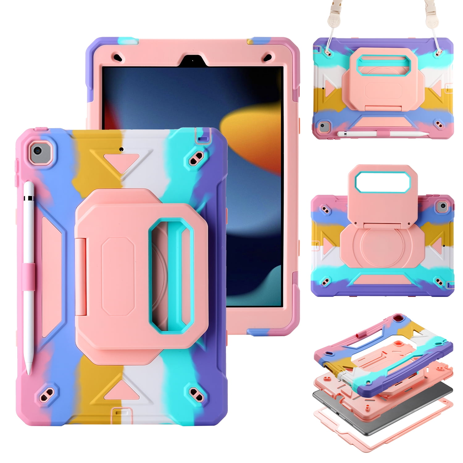 Allytechgroup Heavy Duty Shockproof Case Cover for Apple iPad 9th 8th 7th Generation, Ultimate Protection with Handle Stand, Shoulder Strap, and Pencil Holder Kids Friendly, Colorful