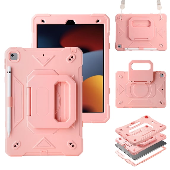 Allytechgroup Heavy Duty Shockproof Case Cover for Apple iPad 9th 8th 7th Generation, Ultimate Protection with Handle Stand, Shoulder Strap, and Pencil Holder Kids Friendly, Pink