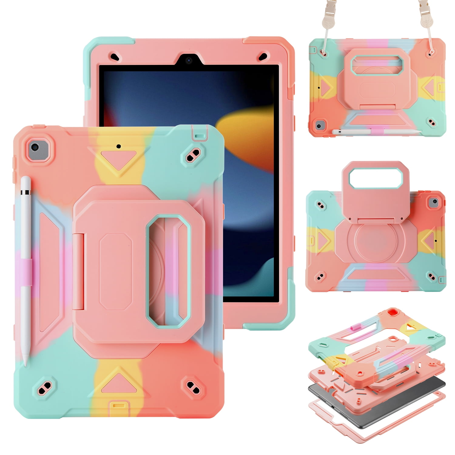 Allytechgroup Heavy Duty Shockproof Case Cover for Apple iPad 9th 8th 7th Generation, Ultimate Protection with Handle Stand, Shoulder Strap, and Pencil Holder Kids Friendly, Colorful Pink