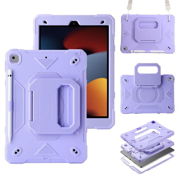 Allytechgroup Heavy Duty Shockproof Case Cover for Apple iPad 9th 8th 7th Generation, Ultimate Protection with Handle Stand, Shoulder Strap, and Pencil Holder Kids Friendly, Lightpurple