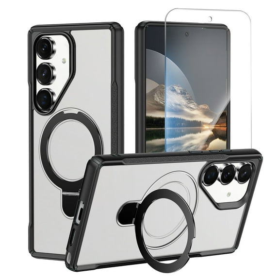 Allytechgroup Heavy Duty Shockproof Galaxy A16 5G Case with Screen Protector, Rugged Phone Case for Samsung Galaxy A16 5G Compatible withMagSafe & Car Mount Kickstand Ring Cover, Black+Clear