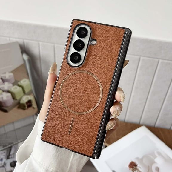 Allytechgroup Hinge Magnetic Case for Samsung Galaxy Z Fold 7, [Compatible with Magsafe] Slim Fit Back Cover Shell Shockproof Anti-Scratch Retro PU Leather Stylish Phone Case for Women Men, Brown