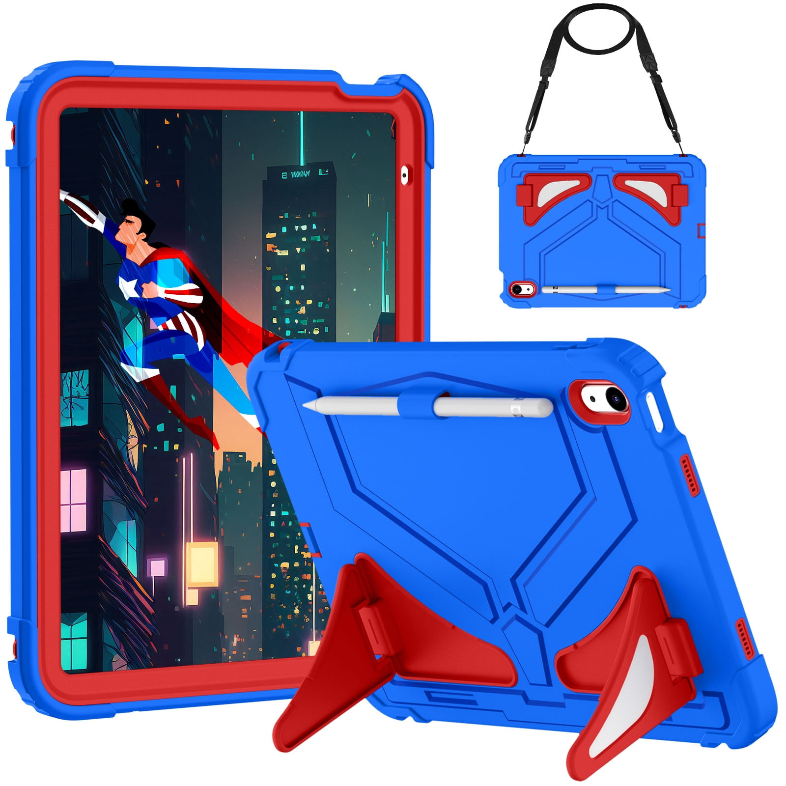 Allytechgroup Kids Case for Apple iPad A16 11" 11th Gen 2025/ iPad 10th Gen 10.9" 2022, Heavy Duty Shockproof Kickstand Cover with Shoulder Strap & Pencil Holder Kids Friendly, Blue