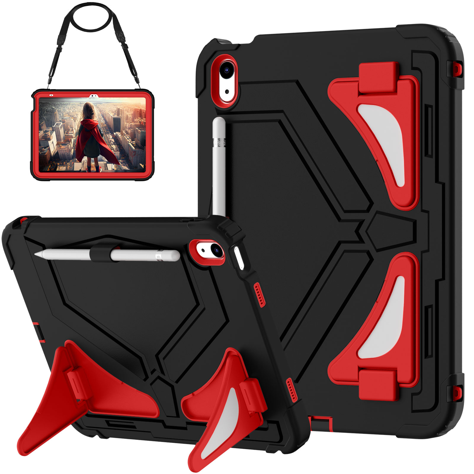 Allytechgroup Kids Case for Apple iPad A16 11" 11th Gen 2025/ iPad 10th Gen 10.9" 2022, Heavy Duty Shockproof Kickstand Cover with Shoulder Strap & Pencil Holder Kids Friendly, Black
