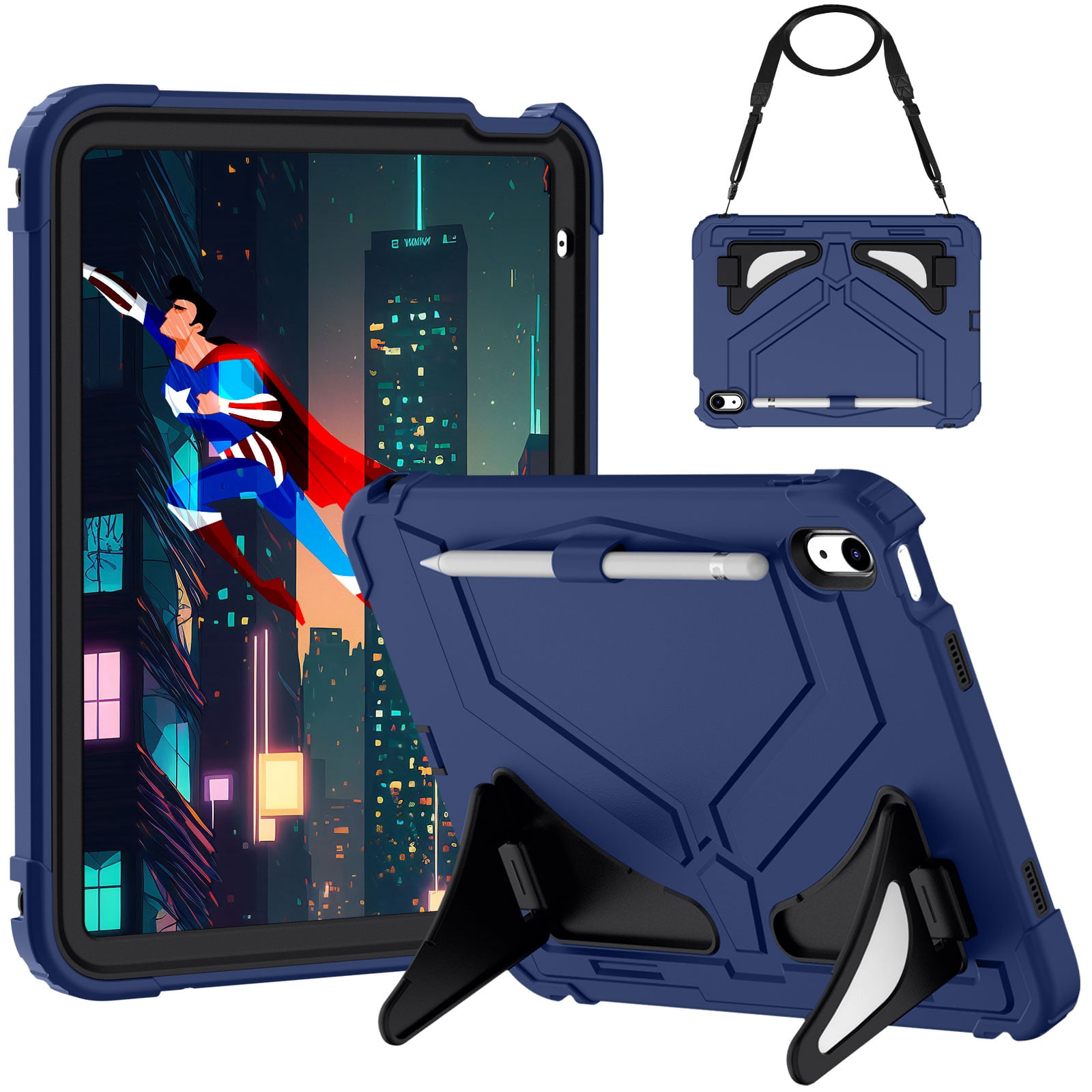 Allytechgroup Kids Case for Apple iPad A16 11" 11th Gen 2025/ iPad 10th Gen 10.9" 2022, Heavy Duty Shockproof Kickstand Cover with Shoulder Strap & Pencil Holder Kids Friendly, Darkblue