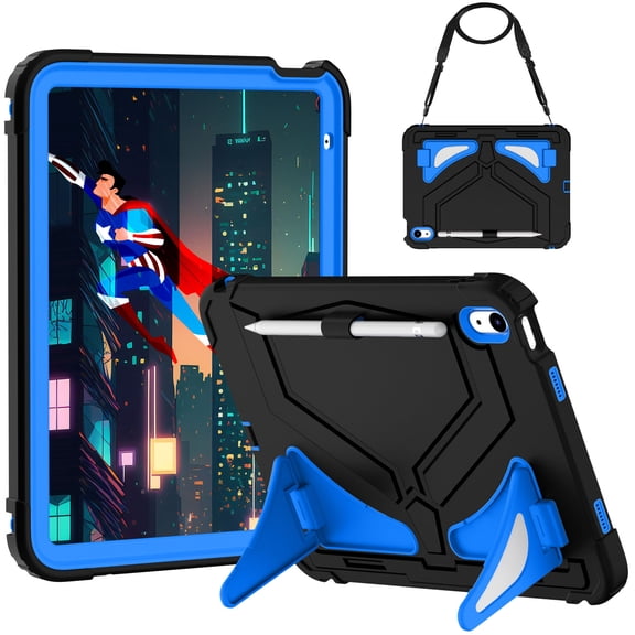Allytechgroup Kids Case for Apple iPad A16 11" 11th Gen 2025/ iPad 10th Gen 10.9" 2022, Heavy Duty Shockproof Kickstand Cover with Shoulder Strap & Pencil Holder Kids Friendly, Black+Blue