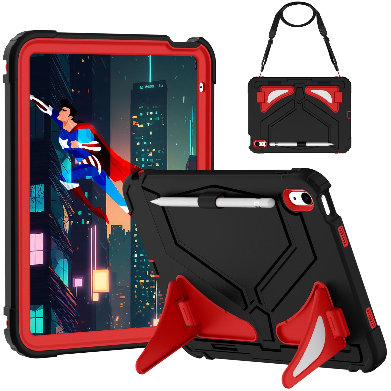 Allytechgroup Kids Case for Apple iPad A16 11" 11th Gen 2025/ iPad 10th Gen 10.9" 2022, Heavy Duty Shockproof Kickstand Cover with Shoulder Strap & Pencil Holder Kids Friendly, Black+Red