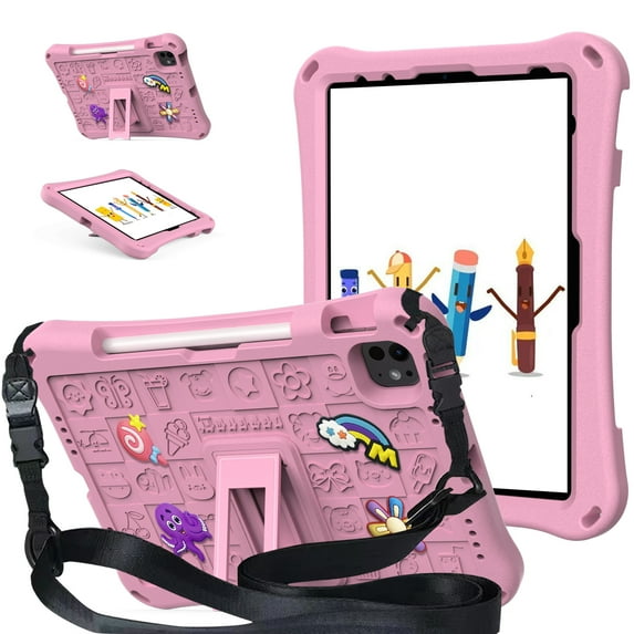 Allytechgroup Kids Case for Apple iPad Air 11 M4 M3 M2 2026/2025/2024, DIY Figures Cute EVA Children Friendly Cover Kickstand Shoulder Strap Bumper Shockproof Case for Apple iPad Air 11", Pink