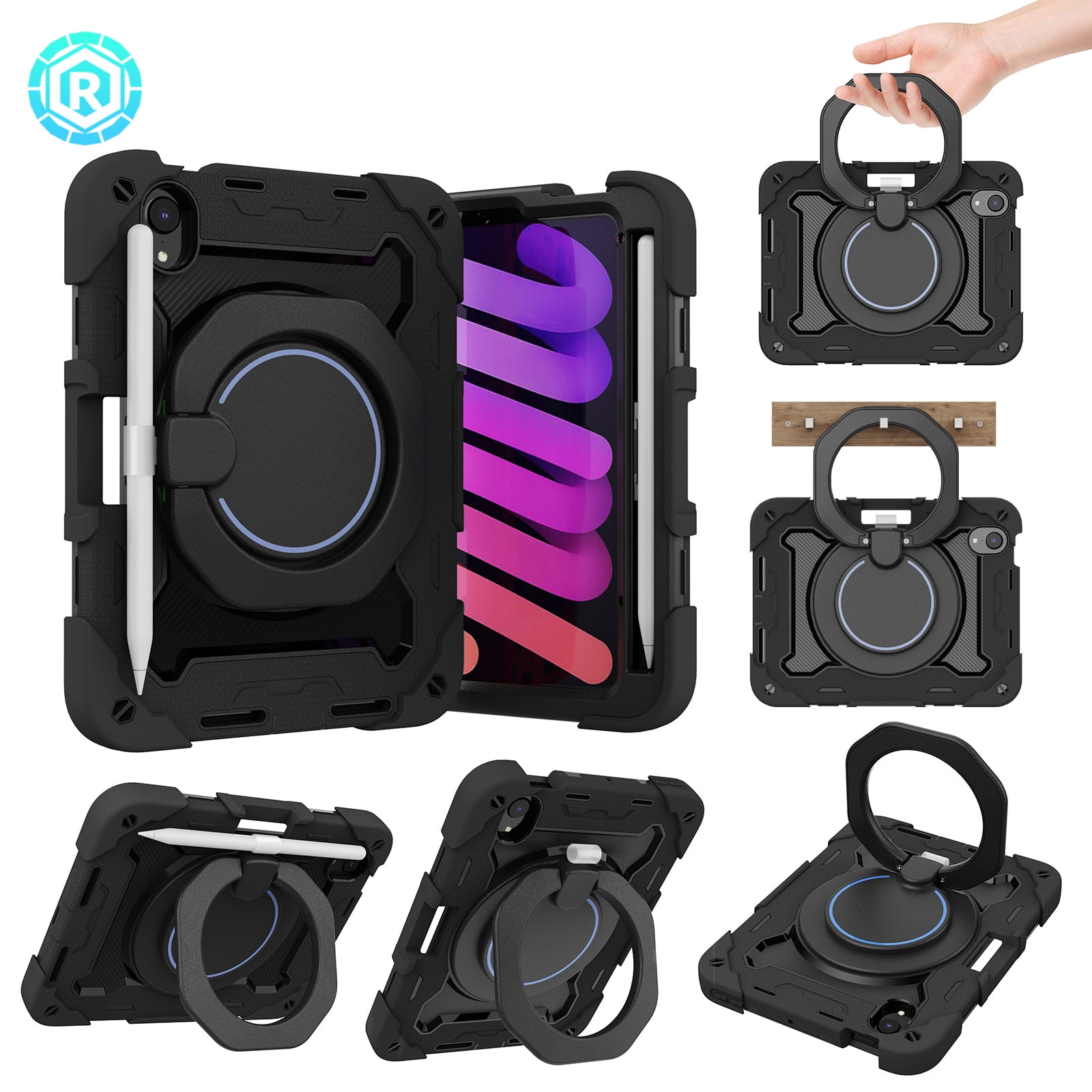 Allytechgroup Kids Case for Apple iPad Mini 7th Gen/ iPad mini 6th Gen, with Pencil Holder Heavy Duty Protection Multiple Layers Kids Friendly Rotating Kickstand Rugged Handle Cover for iPad mini 6 7