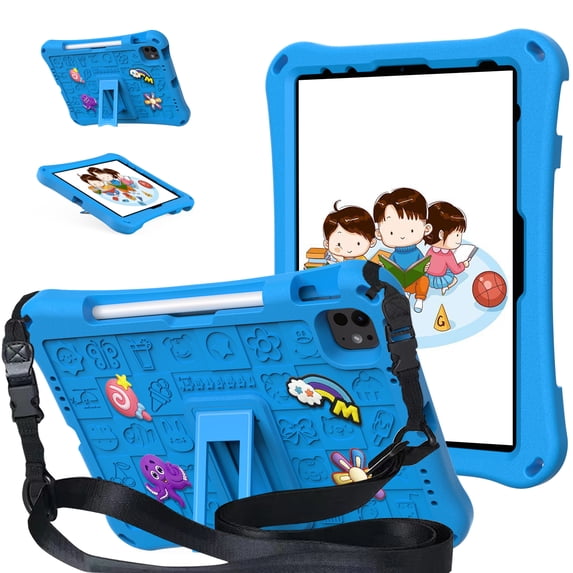 Allytechgroup Kids Case for Apple iPad Pro 11 M4 2024, DIY Figures Cute EVA Children Friendly Cover Kickstand Shoulder Strap Bumper Shockproof Case for Apple iPad Pro 11 Inch 2024, Skyblue
