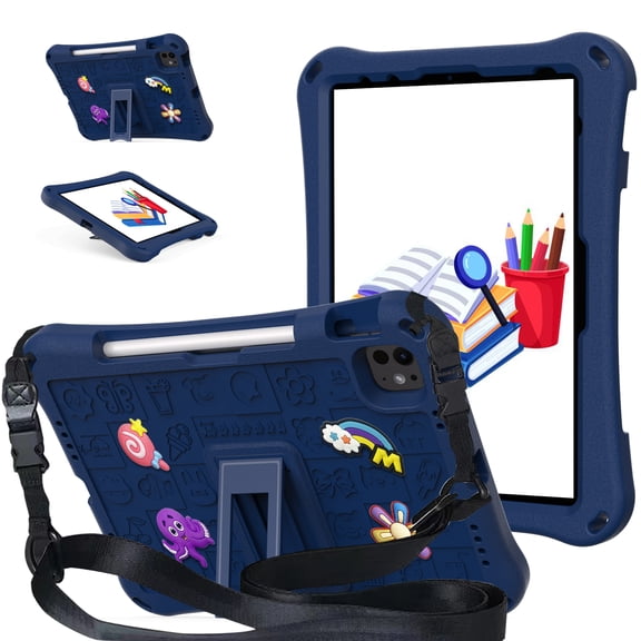 Allytechgroup Kids Case for Apple iPad Pro 11 M4 2024, DIY Figures Cute EVA Children Friendly Cover Kickstand Shoulder Strap Bumper Shockproof Case for Apple iPad Pro 11 Inch 2024, Navyblue