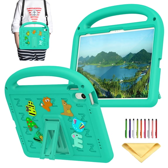 Allytechgroup Kids Case for iPad 10th Generation 2022 (10.9 inch), with Shoulder Strap/Handle/Kickstand Cute Cartoon Soft EVA Foam 3D Kawaii Lightweight Stand Cover for iPad 10.9" 10th Gen, Green