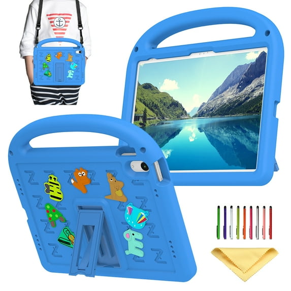 Allytechgroup Kids Case for iPad 10th Generation 2022 (10.9 inch), with Shoulder Strap/Handle/Kickstand Cute Cartoon Soft EVA Foam 3D Kawaii Lightweight Stand Cover for iPad 10.9" 10th Gen, Blue