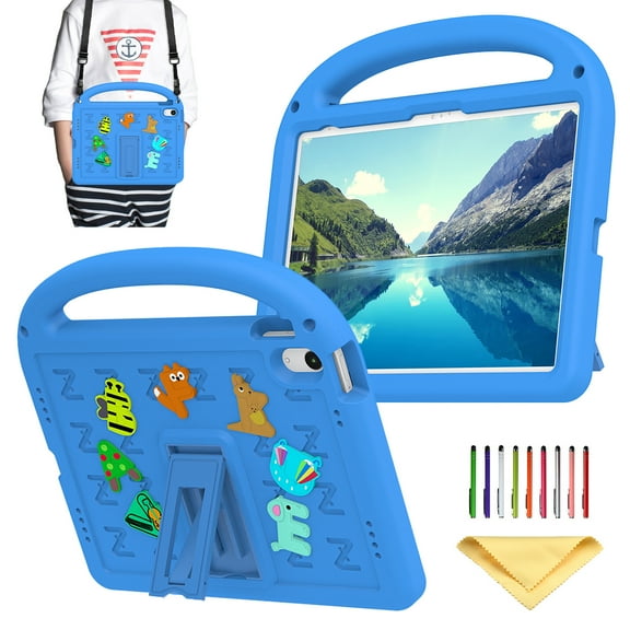 Allytechgroup Kids Case for iPad 10th Generation 2022 (10.9 inch), with Shoulder Strap/Handle/Kickstand Cute Cartoon Soft EVA Foam 3D Kawaii Lightweight Stand Cover for iPad 10.9" 10th Gen, Blue