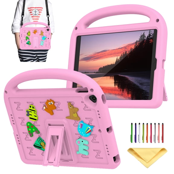 Allytechgroup Kids Case for iPad 7th Generation 10.2 inch, with Shoulder Strap/Handle/Kickstand Cute Cartoon 3D DIY Kawaii Soft EVA Shockproof Stand Lightweight Cover for iPad 10.2 inch 2019, Pink