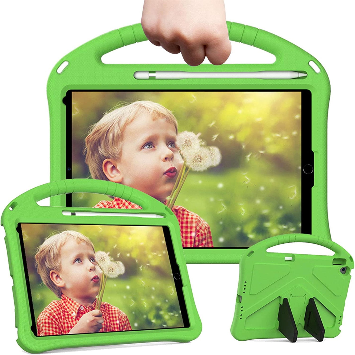 Allytechgroup Kids Case for iPad 9th/8th/7th Generation iPad 10.2 inch 2021/2020/2019 with Kickstand/Handle Stand/Pencil Holder [Screen Protector] Shockproof Cover for Boy Girl Children, Green