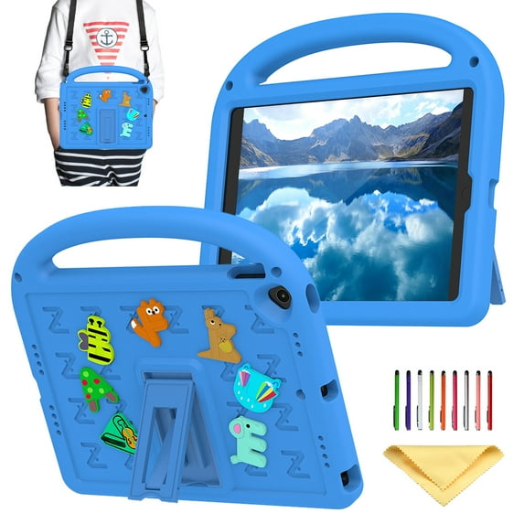Allytechgroup Kids Case for iPad 9th Generation 10.2 inch, with Shoulder Strap/Handle/Kickstand Cute Cartoon 3D DIY Kawaii Soft EVA Shockproof Stand Lightweight Cover for iPad 10.2 inch 2021, Blue