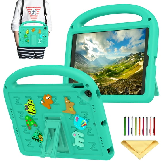 Allytechgroup Kids Case for iPad 9th Generation 10.2 inch, with Shoulder Strap/Handle/Kickstand Cute Cartoon 3D DIY Kawaii Soft EVA Shockproof Stand Lightweight Cover for iPad 10.2 inch 2021, Green