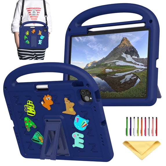 Allytechgroup Kids Case for iPad Air 11 inch M2 2024 iPad Air 6th Generation, Lightweight Stand Case with Pencil Holder/Hand Strap/Handle/Kickstand Cute DIY Cartoon Kawaii EVA Cover Girl Boy,Navyblue