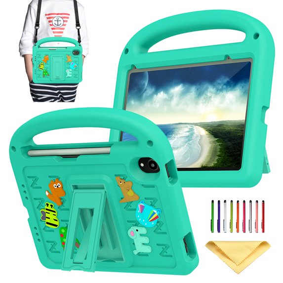 Allytechgroup Kids Case for iPad Mini 6 Tablet 2021, iPad Mini 6th Generation Case 8.3 inch with Pencil Holder/Shoulder Strap/Handle/Kickstand Cute Cartoon 3D DIY Kawaii Soft EVA Stand Cover, Green