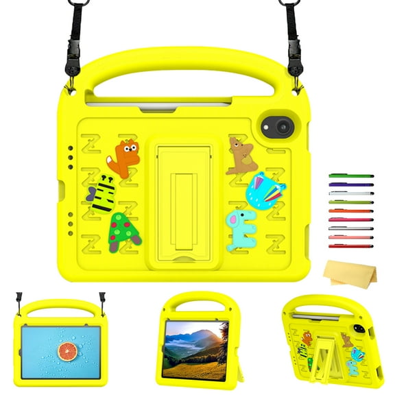 Allytechgroup Kids Case for iPad Mini 7 A17 Pro 2024 Model 8.3 Inch,iPad Mini 7th Generation Case with Pencil Holder/Hand Strap/Handle/Kickstand Cute Cartoon 3D DIY Kawaii Soft EVA Stand Cover,Yellow