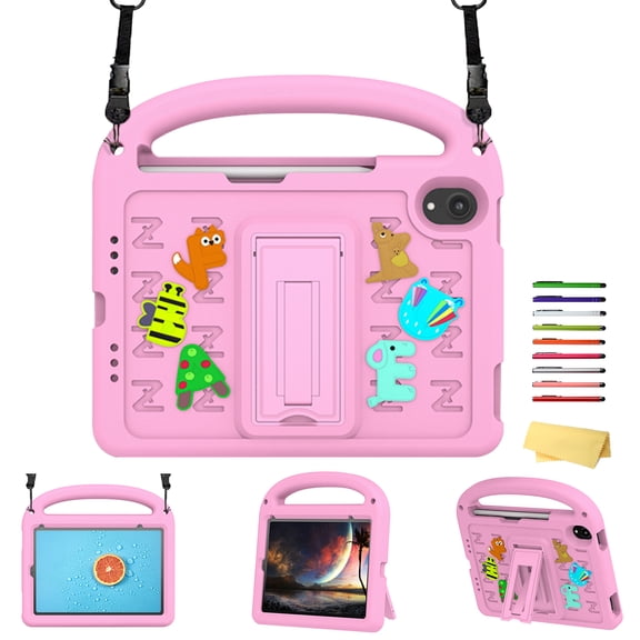Allytechgroup Kids Case for iPad Mini 7 A17 Pro 2024 Model 8.3 Inch, iPad Mini 7th Generation Case with Pencil Holder/Hand Strap/Handle/Kickstand Cute Cartoon 3D DIY Kawaii Soft EVA Stand Cover, Pink