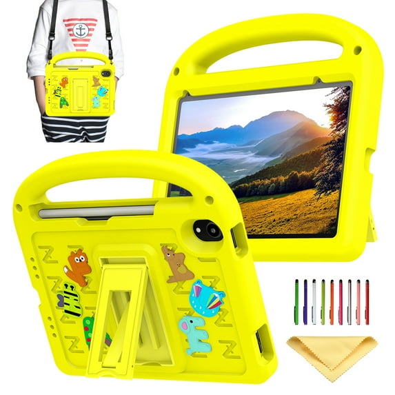 Allytechgroup Kids Case for iPad Mini 7 A17 Pro 2024/iPad Mini 6 2021 8.3 Inch iPad Mini 7th/6th Generation Case,Stand Case with Pencil Holder/Hand Strap/Handle/Kickstand 3D Kawaii EVA Cover, Yellow
