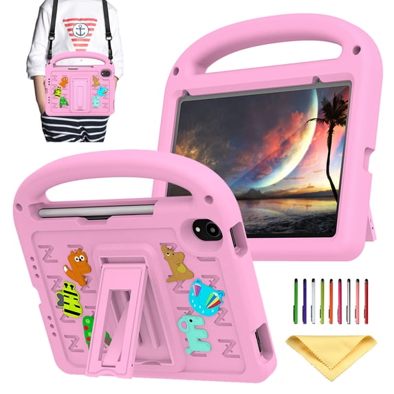 Allytechgroup Kids Case for iPad Mini 6 Tablet 2021, iPad Mini 6th Generation Case 8.3 inch with Pencil Holder/Shoulder Strap/Handle/Kickstand Cute Cartoon 3D DIY Kawaii Soft EVA Stand Cover, Pink