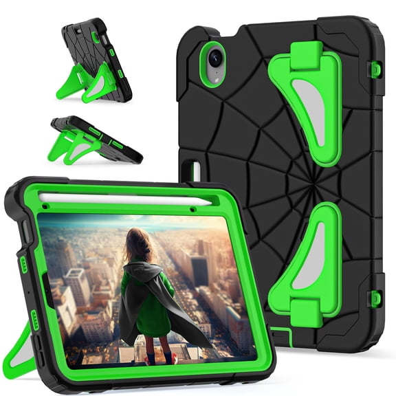 Allytechgroup Kids Case for iPad mini 7 (A17 Pro) 2024/Mini 6 2021 8.3 Inch, Built-in Kickstand Heavy Duty Protection Rugged Shockproof Hybrid Boy Girl Children Cover for Children, Black + Green