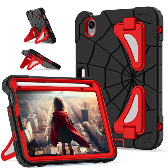 Allytechgroup Kids Case for iPad mini 7 (A17 Pro) 2024/Mini 6 2021 8.3 Inch, Built-in Kickstand Heavy Duty Protection Rugged Shockproof Hybrid Boy Girl Children Cover for Children, Black+Red