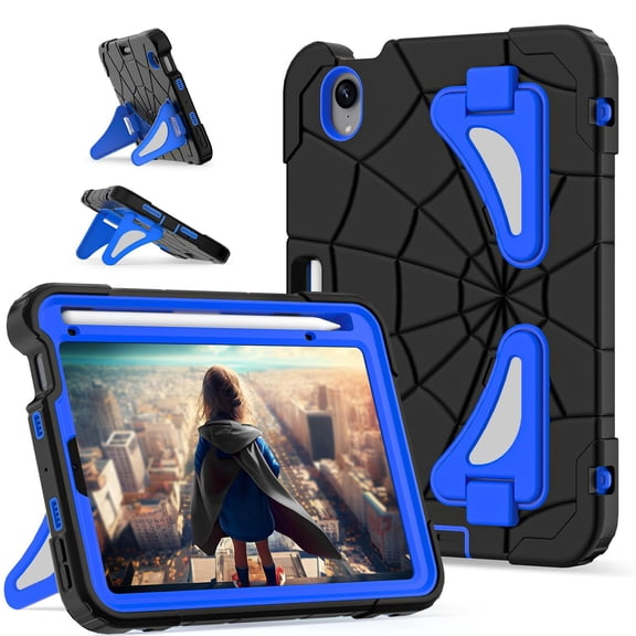 Allytechgroup Kids Case for iPad mini 7 (A17 Pro) 2024/Mini 6 2021 8.3 Inch, Built-in Kickstand Heavy Duty Protection Rugged Shockproof Hybrid Boy Girl Children Cover for Children, Black+Blue