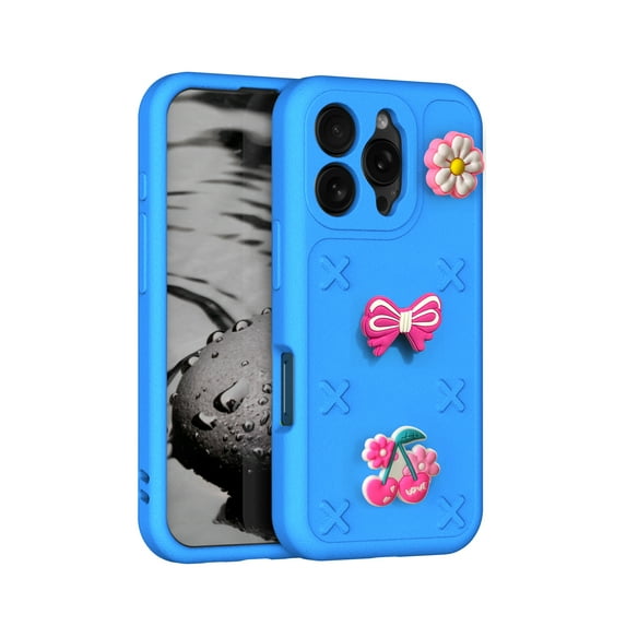 Allytechgroup Kids Case for iPhone 16 Pro Max, Cute EVA Foam Cover with 3D Cartoon Charms, Shockproof Soft TPU Protective Case for Girls Boys Slim Anti-Scratch Bumper for iPhone 16 Pro Max, Blue