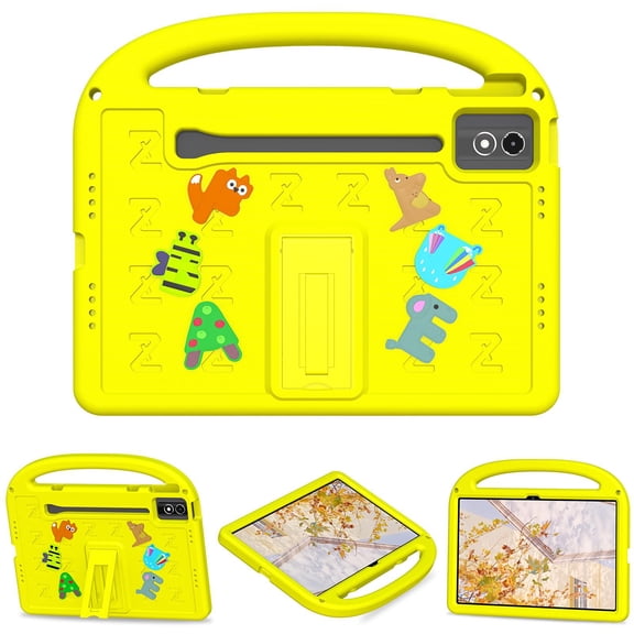 Allytechgroup Kids-Friendly Case for Case for Lenovo Tab P12 12.7-inch 2024/2023, Lightweight Convenient Handle Stand EVA Cute DIY Figures Non-Slip Shockproof Cover for Children, Yellow
