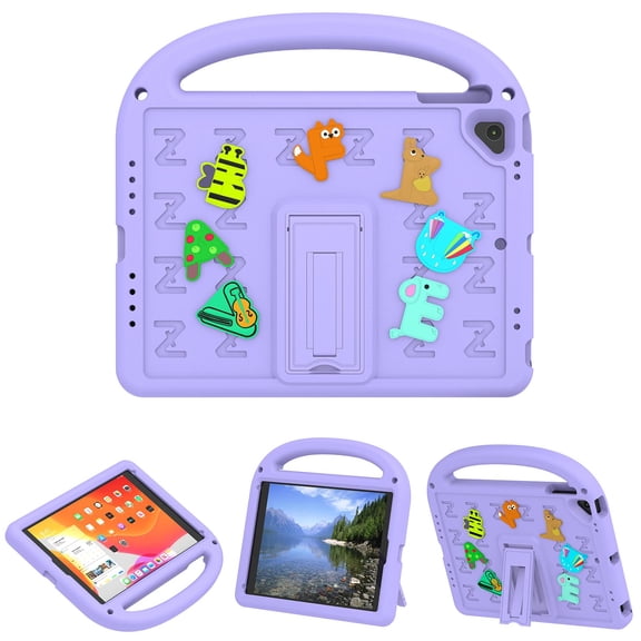 Allytechgroup Kids-Friendly Case for iPad 5th Gen/6th Gen/Air 2/Pro 9.7-inch, Lightweight Convenient Handle Stand EVA Cute DIY Figures Non-Slip Shockproof Cover for Children, Purple