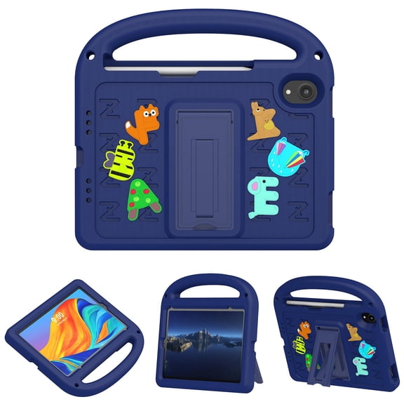 Allytechgroup Kids-Friendly Case for iPad mini 7 A17 Pro 2024/iPad Mini 6 2021 8.3 Inch, Lightweight Convenient Handle Stand EVA Cute DIY Figures Non-Slip Shockproof Cover for Children, Navyblue