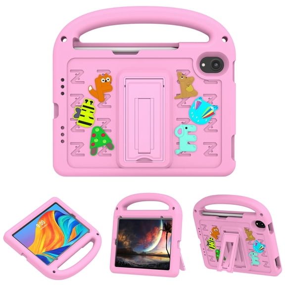 Allytechgroup Kids-Friendly Case for iPad mini 7 A17 Pro 2024/iPad Mini 6 2021 8.3 Inch, Lightweight Convenient Handle Stand EVA Cute DIY Figures Non-Slip Shockproof Cover for Children, Pink
