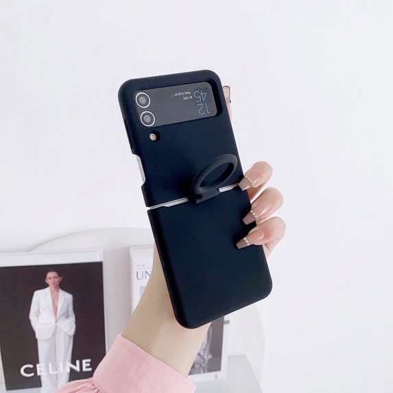 Allytechgroup Liquid Silicone Back Cover for Samsung Galaxy Z Flip 4, Ring Holder Slim Fit Bumper Shockproof Drop Protection Moranti Color Phone Case for Women Men, Black