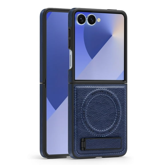 Allytechgroup Luxury Case for Samsung Galaxy Z Flip 7 with Hidden Kickstand, [Compatible with MagSafe], Premium PU Leather Soft TPU Inner Shockproof Anti-Fall Protective Slim Fashion Case, Blue