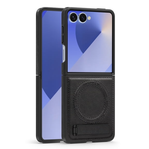 Allytechgroup Luxury Case for Samsung Galaxy Z Flip 7 with Hidden Kickstand, [Compatible with MagSafe], Premium PU Leather Soft TPU Inner Shockproof Anti-Fall Protective Slim Fashion Case, Black