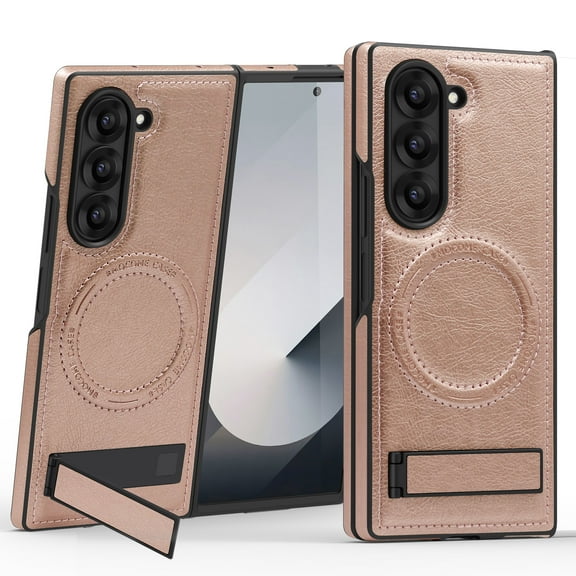 Allytechgroup Luxury Case for Samsung Galaxy Z Fold 4 with Hidden Kickstand, [Compatible with MagSafe], Premium PU Leather Soft TPU Inner Shockproof Anti-Fall Protective Slim Fashion Case, Rosegold