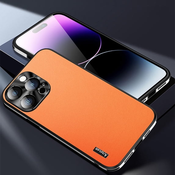 Allytechgroup Luxury Case for iPhone 16 Compatible with Wireless Charging, Premium PU Leather Hybrid Slim Lightweight Anti-Scratch Case with Camera Lens Protector for iPhone 16, Orange